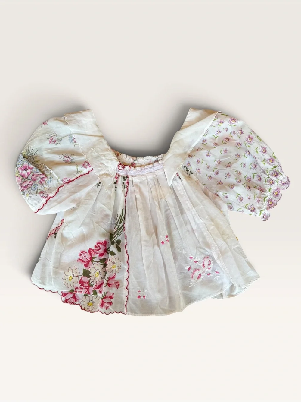 Anthropologie White Floral Puff Sleeve Blouse with Pink & Green Accents